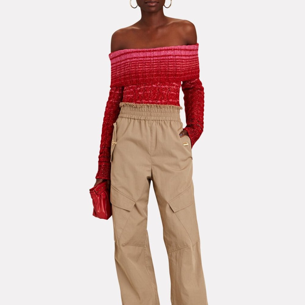 Staud Myrna Off-The-Shoulder Cable Knit Sweater Red Pink Size XL